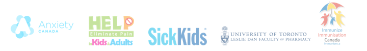 Logos for Immunize Canada, the University of Toronto (HelpinKIDS&ADULTS), and SickKids (AboutKidsHealth), and Anxiety Canada