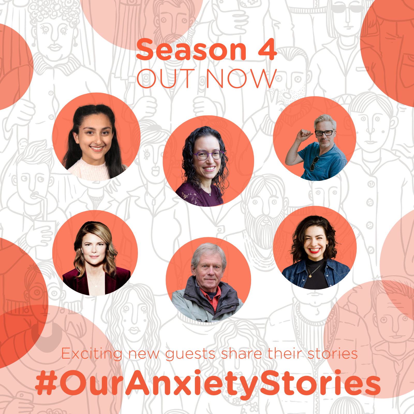 Rows of faces revealed as guests for the Anxiety Canada Podcast. Pictured, row 1: Anxiety Canada Youth Network alum, Pegah; Registered Psychologist, Dr. Marlene Taube-Schiff; Writer, comedian, and comedian, writer, and #OurAnxietyStories podcast host, John Bateman. Pictured, row 2: Speaker, activist, mother, and cancer survivor, Tamara Taggart; Renowned artist Robert Bateman; and mental health advocate & writer, Chloë Grande. 