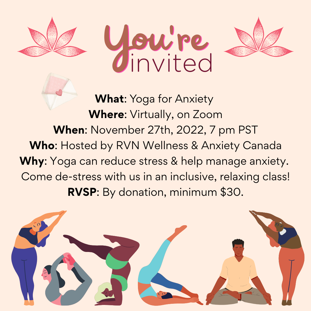 Invite to Fall Yoga Event with cartoon women and one man doing yoga poses.