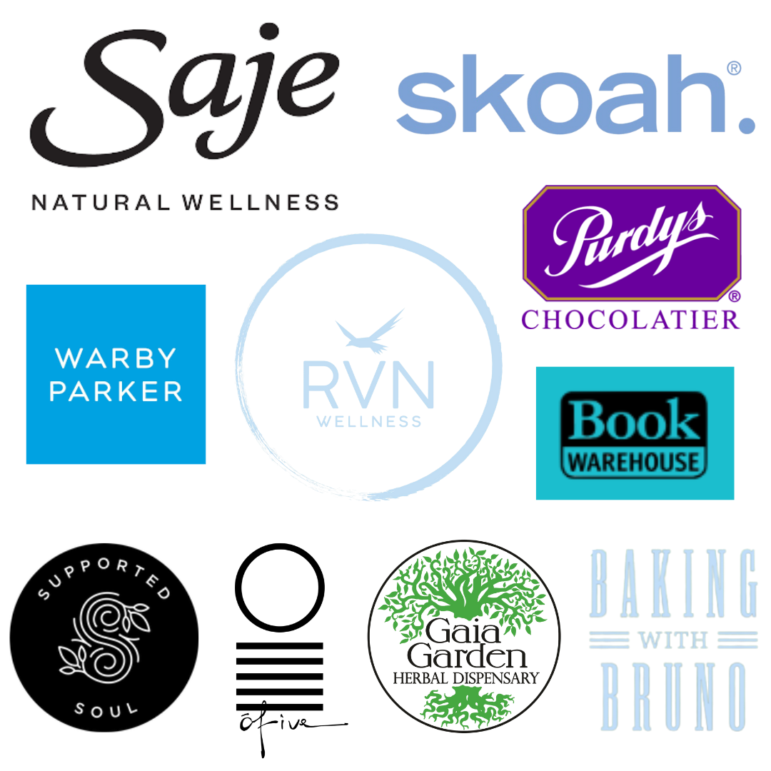 Logos pour Saje, Skoah, Purdy's Chocolates, Warby Parker, RVN Wellness, Book Warehouse, Supported Soul, O'Five Tea Bar, Gaia Garden et Baking with Bruno.