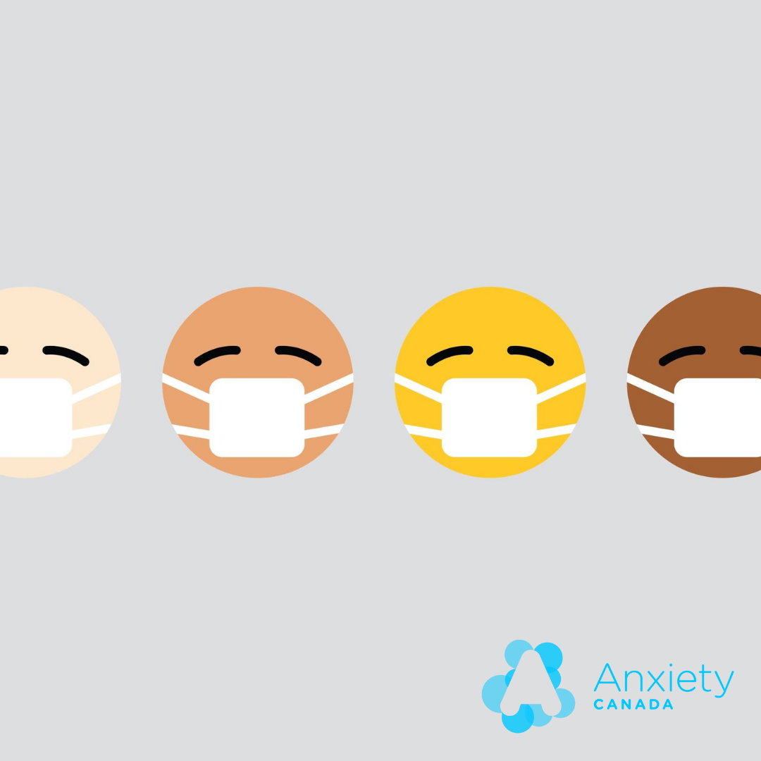 Image de dessins animés portant des masques et le logo d'Anxiety Canada dans le coin inférieur.
